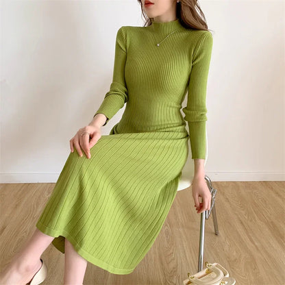Herbst Winter 2023 Schlank Langarm Party Midi Kleid für Frauen Gestrickte Halb Hohen Kragen Elegante Gestrickte Pullover Kleider Damen.