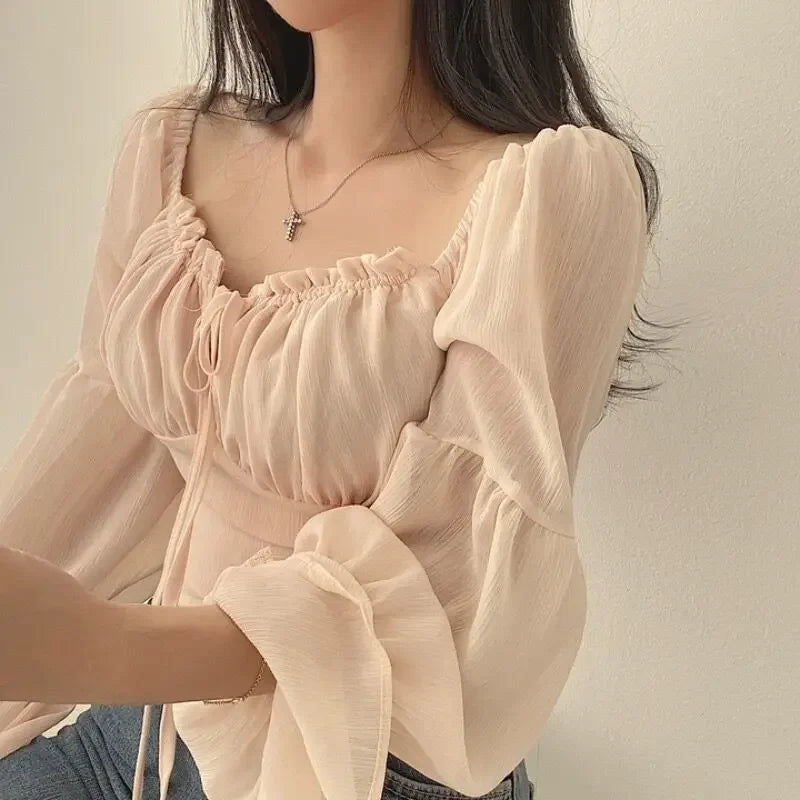 Chic Korean Summer 2024 Square Collar Wooden Earring Sleeve Chiffon Blouse Waist-Fitted Flare Cropped Shirt For Women.