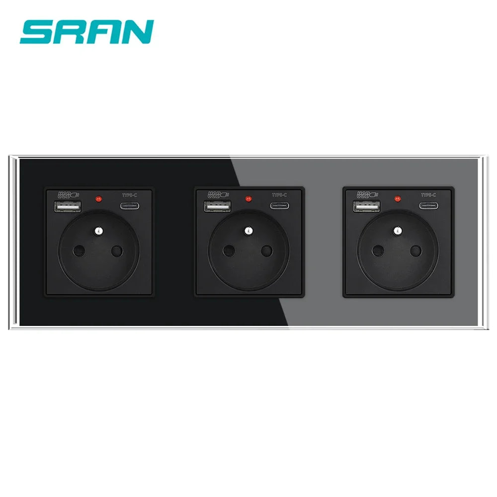 SRAN Französische USB-Wandsteckdose 5 V 2,1 A, Kristall-Hartglasscheibe 16 A 220 V 82 x 82 mm Steckdose Frankreich-Standard mit Abdeckung