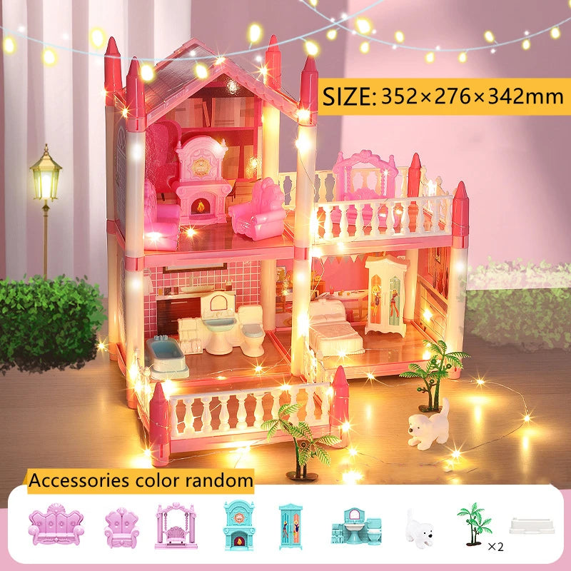 Girls Toddler Doll House - Large Doll House with 4 Dolls, Furniture, Accessories, LED Lights, 4 Stories Princess Dream House Toy.