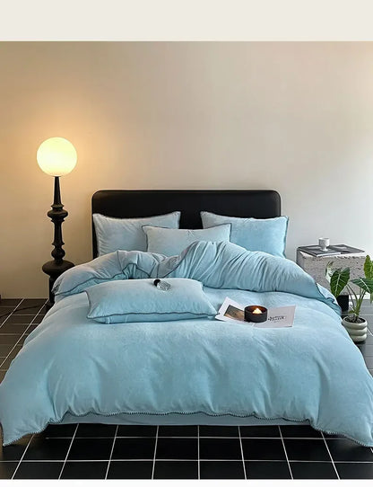 2024 new matte thin strip shell edge winter bed four-piece set milk fleece coral fleece thickened warm bed sheet quilt cover