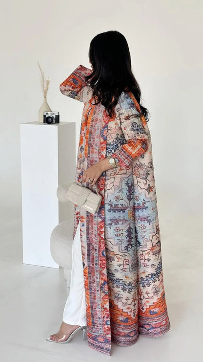 Abaya Miyake Pleated Printed Robe Jacket Arabian Dubai Style Women's Long Sleeve Conservative Demure Muslim Trench Coat 55inches.