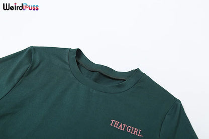 Weird Puss Casual Sporty 2 Piece Set Women Letter Embroidery Crop Tops+Side Tassel Straight Pants Matching Streetwear Tracksuits.