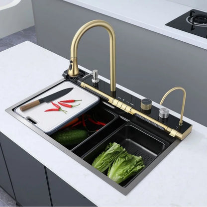 Golden Household Stainless Steel Waterfall Kitchen Sink MultiFunction Wash Vegetable and Dish Countertop Basin Large Single Slot