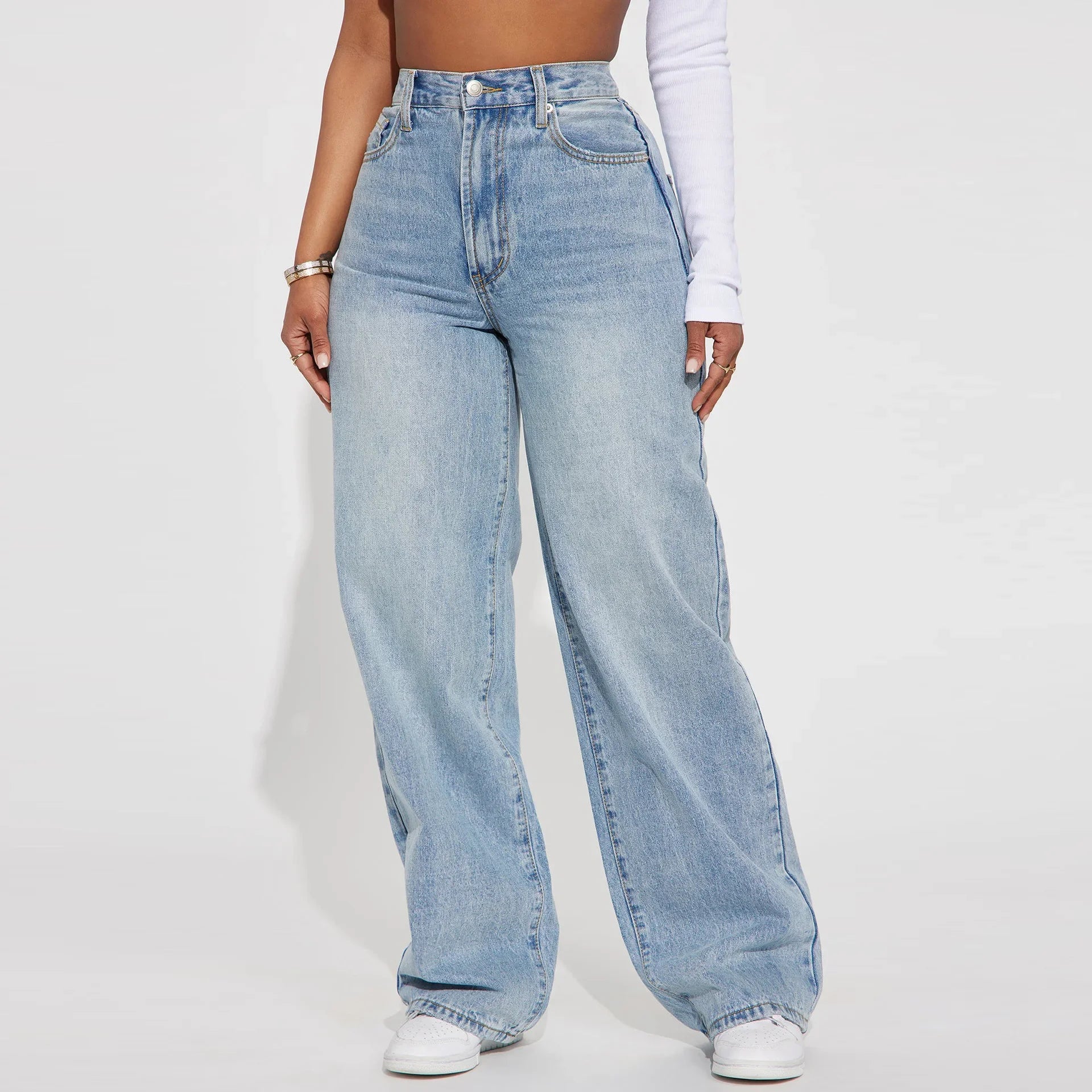 High Waist Straight Leg Women's Jeans Light Wash Casual Trousers Simple Style Cross-Border High Waist Straight Tube Jeans.
