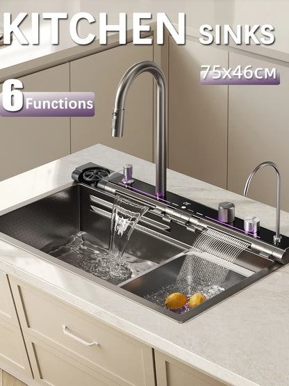 Küchenspüle aus Edelstahl 304, doppelter Wasserfall, Einzelschlitz, integrierte Digitalanzeige, Wasserhahn-Set, Seifenspender, Tassenwascher