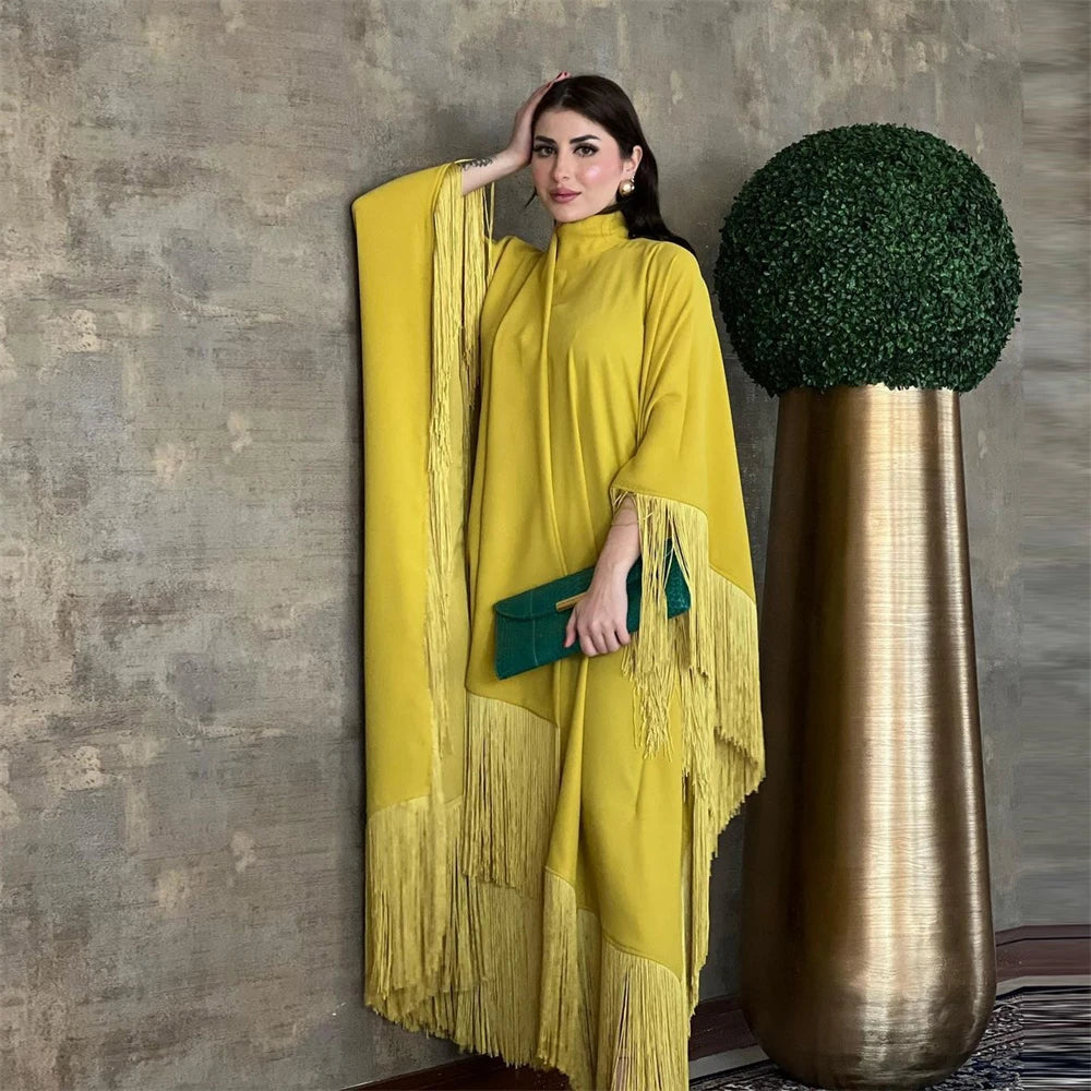 Eid Satin Luxury Green White Black Pink Khimar Tassel Butterfly Batwing Abaya For Women Islam Muslim Maxi Dress Kaftan Kebaya.