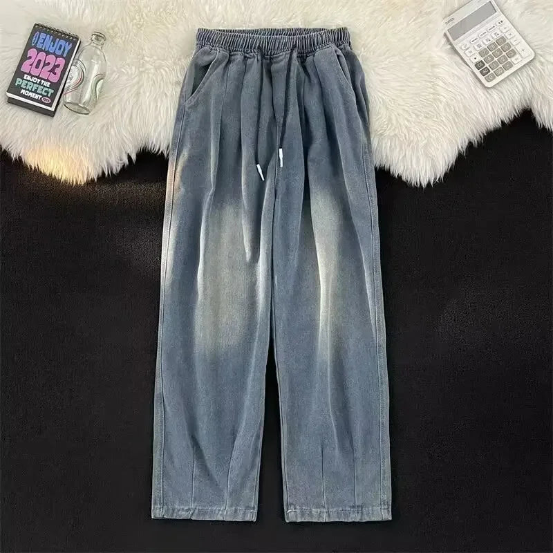 2024 New Trendy Wide-Leg Jeans Men's Loose-Fit Straight-Leg Casual Long Pants Vintage Washing Distressed Style.