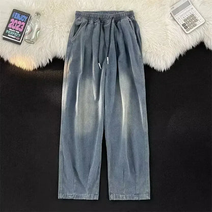 2024 New Trendy Wide-Leg Jeans Men's Loose-Fit Straight-Leg Casual Long Pants Vintage Washing Distressed Style.