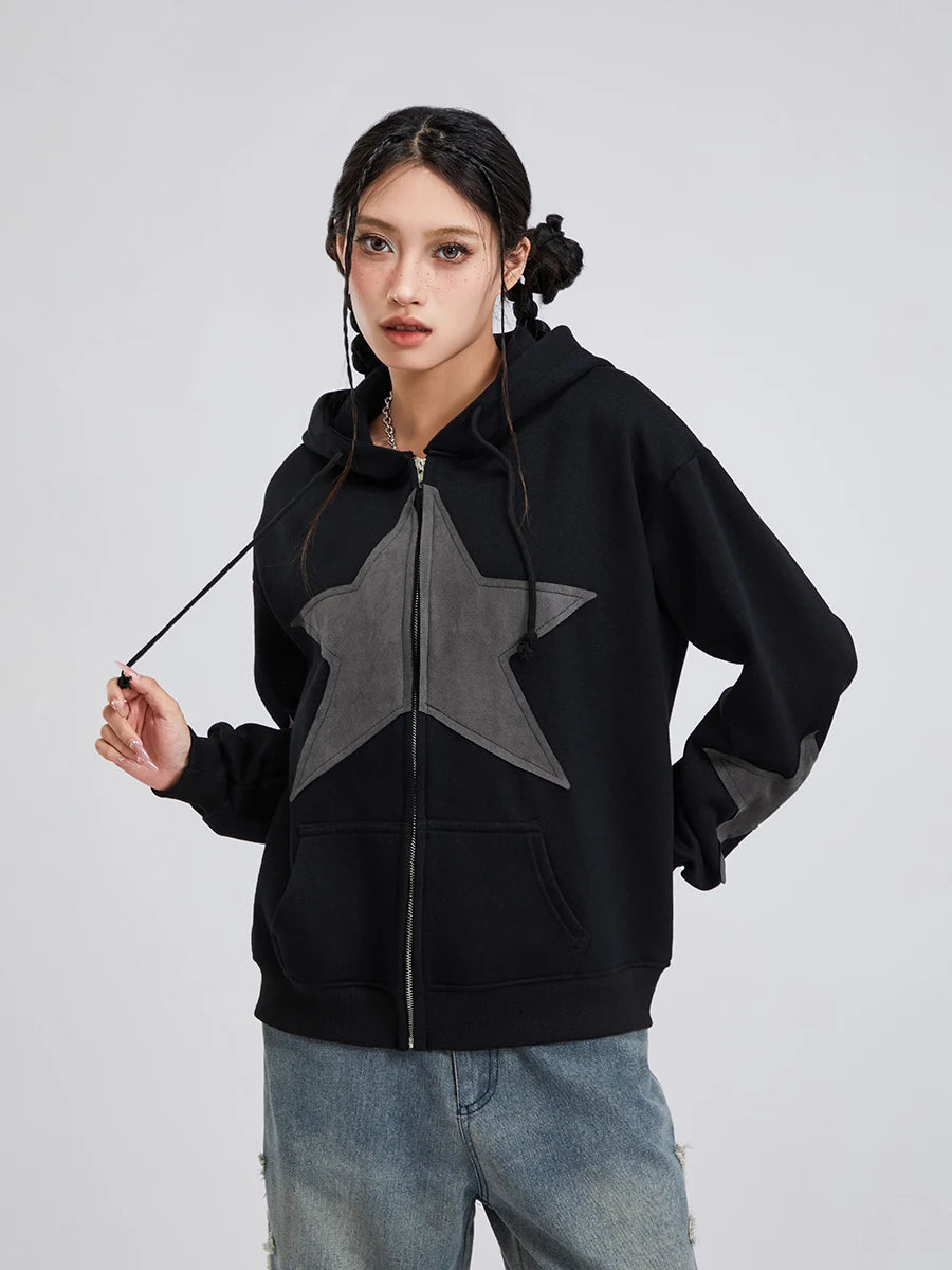 Y2K Vintage Star Print Hooded Hoodie for Women Casual Loose Long Sleeve Zip Up Drawstring Sweatshirts Autumn Spring Coat Street.