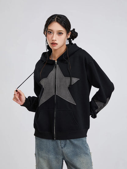 Y2K Vintage Star Print Hooded Hoodie for Women Casual Loose Long Sleeve Zip Up Drawstring Sweatshirts Autumn Spring Coat Street.