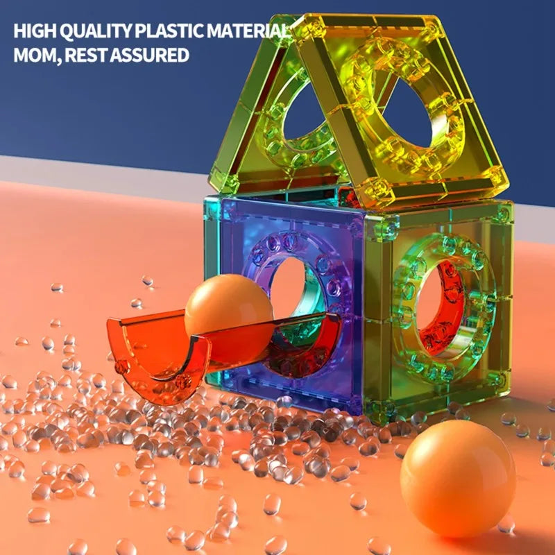 Light magnetic tiles building blocks for kids, 3D clear educational building toys, magnetic marble running building block toys.