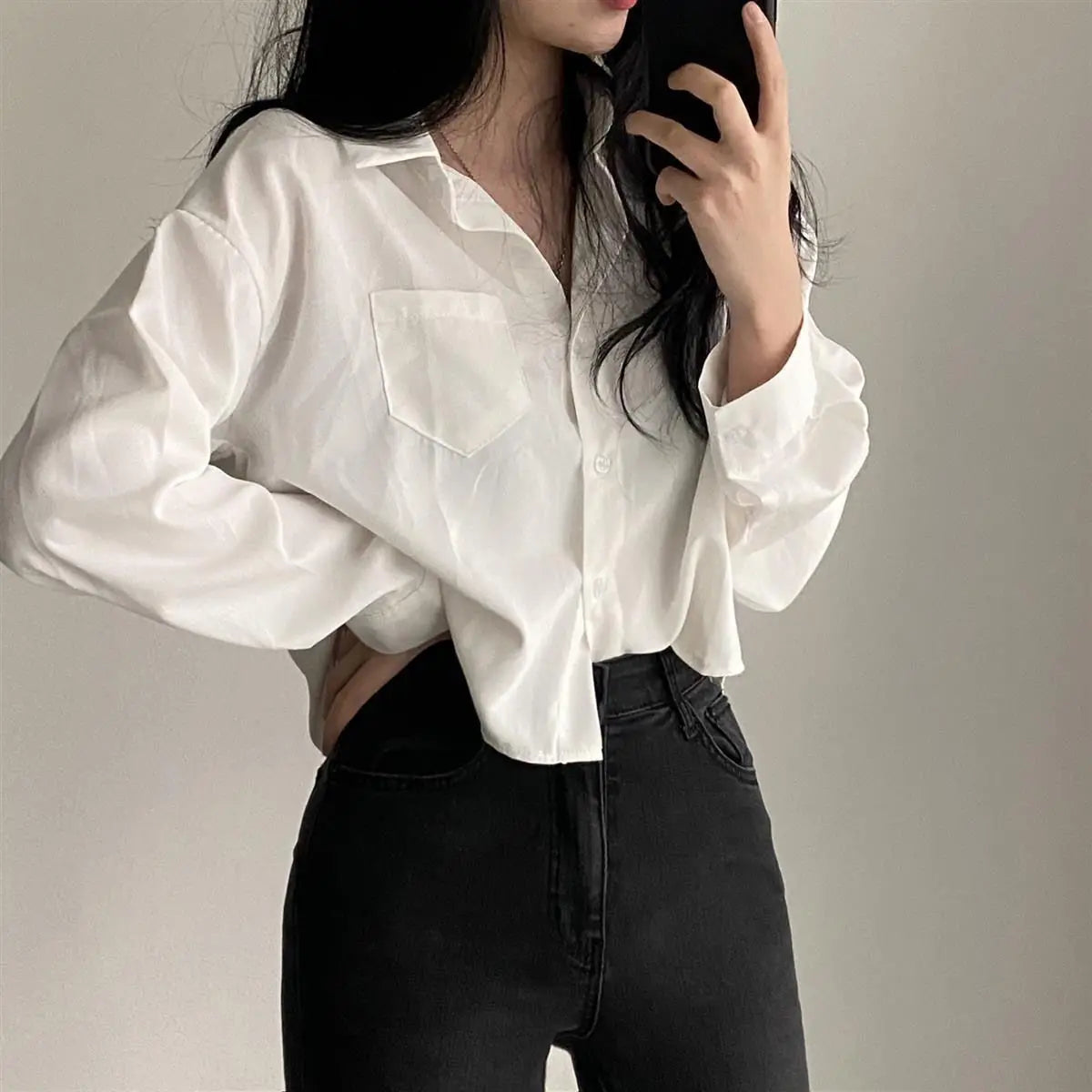 Long Sleeved Shirt And Blouse Simple Single Breasted Loose Casual Solid OL Trend Short Top Simple Elegant Fashion Women Clothes.
