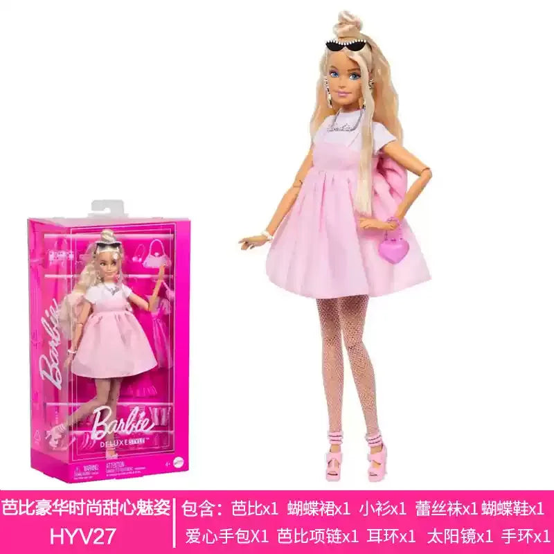 Genuine Barbie Deluxe Style Dolls Pink Dress Outfit Blond Hair Knot Bow Accessories Mesh Tights Toys For Girls Sweet Gift