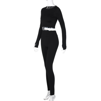 Hugcitar Pure Color Long Sleeve Crop T-Shirt Legging 2 Piece Matching Sets 2024 Spring Women Fashion Streetwear Sports Tracksuit.