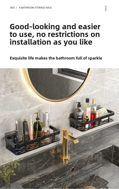 Badezimmerregale, schwarz, rostfrei, Wandmontage, nicht stanzbar, Aufbewahrungsregal, WC, Bad, Waschbecken, Wand-Badezimmerregale