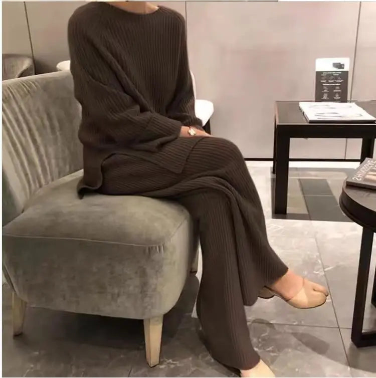 2024 Autumn Winter New Women's Fashion Fashionable Age Reducing Two Piece Pants Knitted Sweater Straight Leg Pants Set For Women