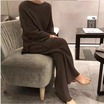 2024 Autumn Winter New Women's Fashion Fashionable Age Reducing Two Piece Pants Knitted Sweater Straight Leg Pants Set For Women