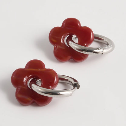 Colorful Flower Glass Drop Charms Earring Gold Color Circle Ear Buckle Hoops Stainless Steel Earrings Fashion Jewelry for Women.