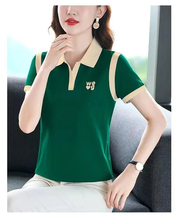 Fashionable Short Sleeve Polo Shirt Women's Summer Sporty Hong Kong Style Top High End Mixed Fabric Slim Fit T-Shirt.