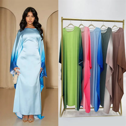 Gradient Color Shiny Batwing Satin Maxi Abaya Dubai Luxury 2024 Abayas For Women Muslim Kaftan Dress Islam Caftan Marocain Femme.