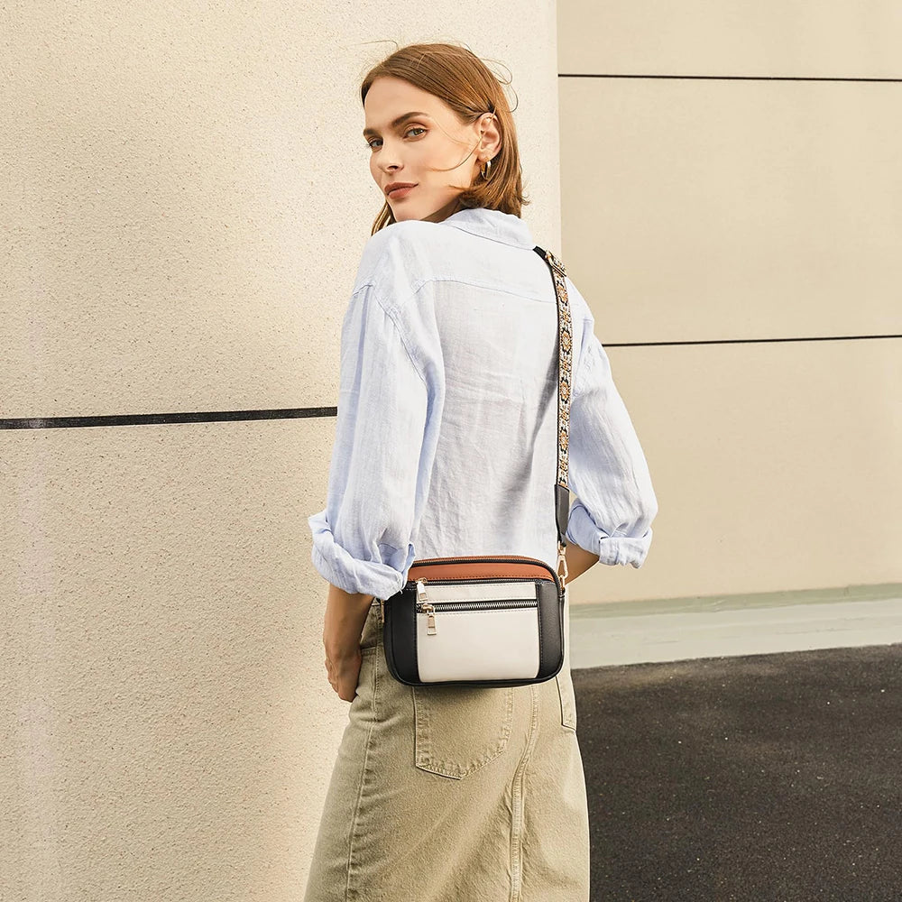 Stylish Wide Strap Shoulder Bag Women's Multiple Pockets Faux Leather Crossbody Bags Adjustable Strap  Travel Handbag Purse.