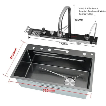 Wasserfall-Küchenspüle aus Edelstahl 304, großes Einzelschlitz-Wasserhahn-Set mit integrierter Digitalanzeige, Seifenspender, Tassenwascher