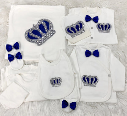 10-teiliges blaues 100 % Baumwollgewebe, gestrickt, Großhandel, individuell gestaltet, Neugeborene, neues Design, Winterkleidung, Kleidung, Luxus-Baby-Strampler-Set