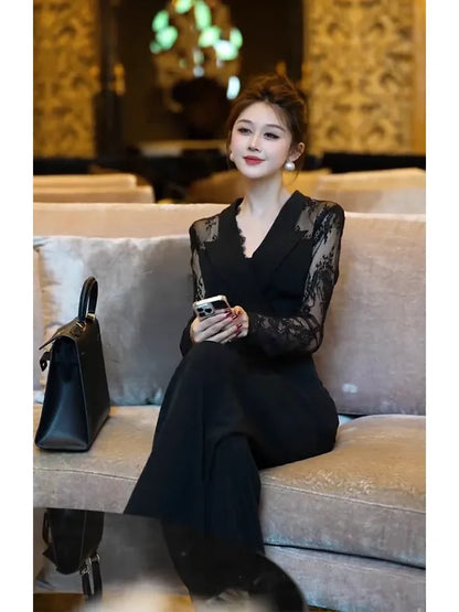 Luxury Elegant Lace Patchwork Black Jumpsuit Women Summer High Waist Long Sleeve Jumpsuits Combinaison Femme Overalls.