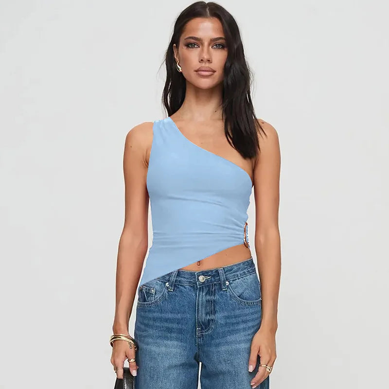 Cryptographic Summer Fashion One Shoulder Tops Slim Sexy Backless Basic Asymmetrical Women's Crop Top Tank Ruched Streetwear