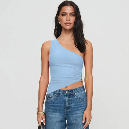 Cryptographic Summer Fashion One Shoulder Tops Slim Sexy Backless Basic Asymmetrical Women's Crop Top Tank Ruched Streetwear