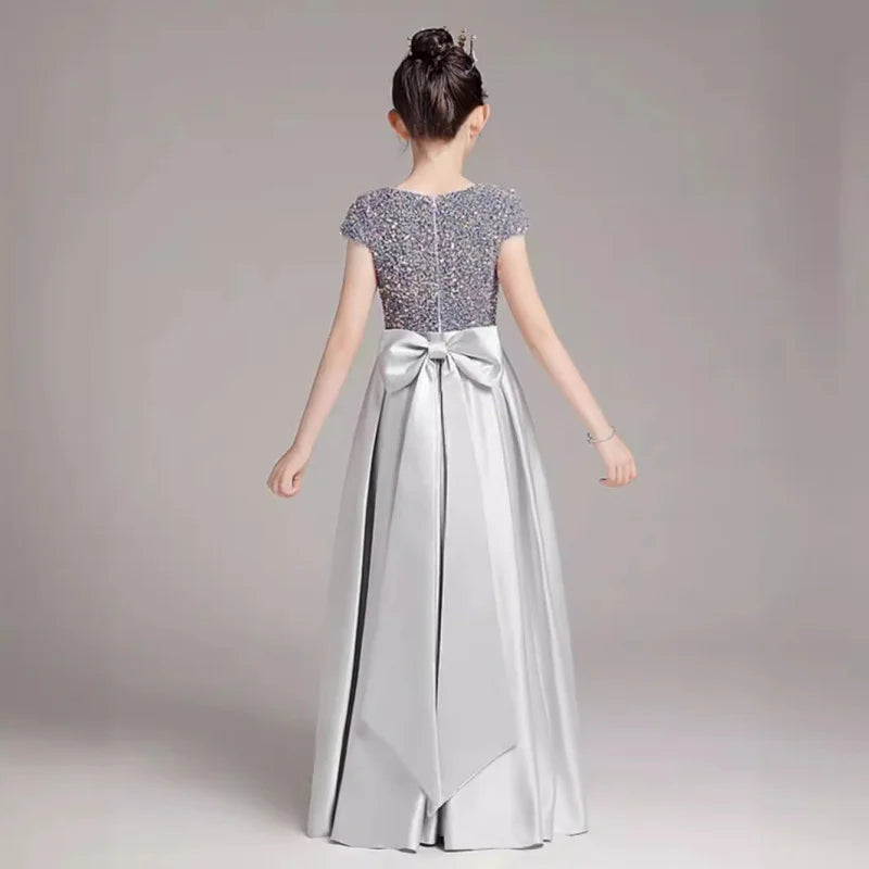 Mädchen-Klavierkleid, graues Pailletten-langes Performance-Kleid, Prinzessinnenkleid, Kinder-Host-Show-Performance-Kleid, Sommer