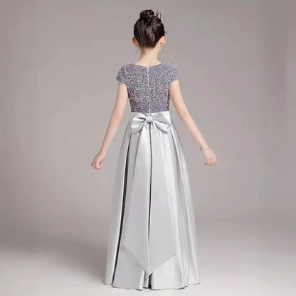 Mädchen-Klavierkleid, graues Pailletten-langes Performance-Kleid, Prinzessinnenkleid, Kinder-Host-Show-Performance-Kleid, Sommer