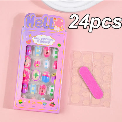 120pcs/box Pink Cartoon Children Press On Nails Candy Color Unicorn Cat Bunny Kids Full Cover False Nail Girls Party Nail Decora