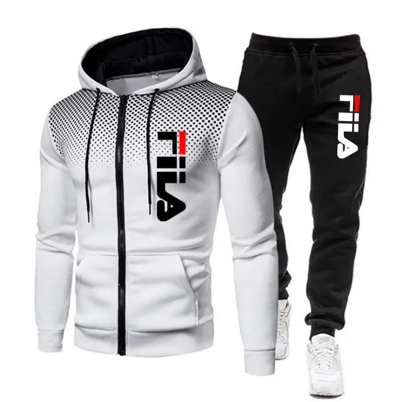 New men's casual jogging fitness fashion sports clothing set autumn and winter printed zipper hoodie + two sets of stretch pants.