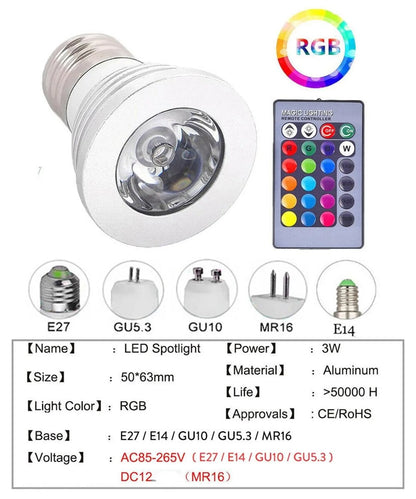 AC85-265V 12V MR16 E27 E14 GU10 GU5.3 RGB Spotlight 3W Dimmable E27 Led Bulbs with 24keys Remote Light Tubes for Home Decoration.