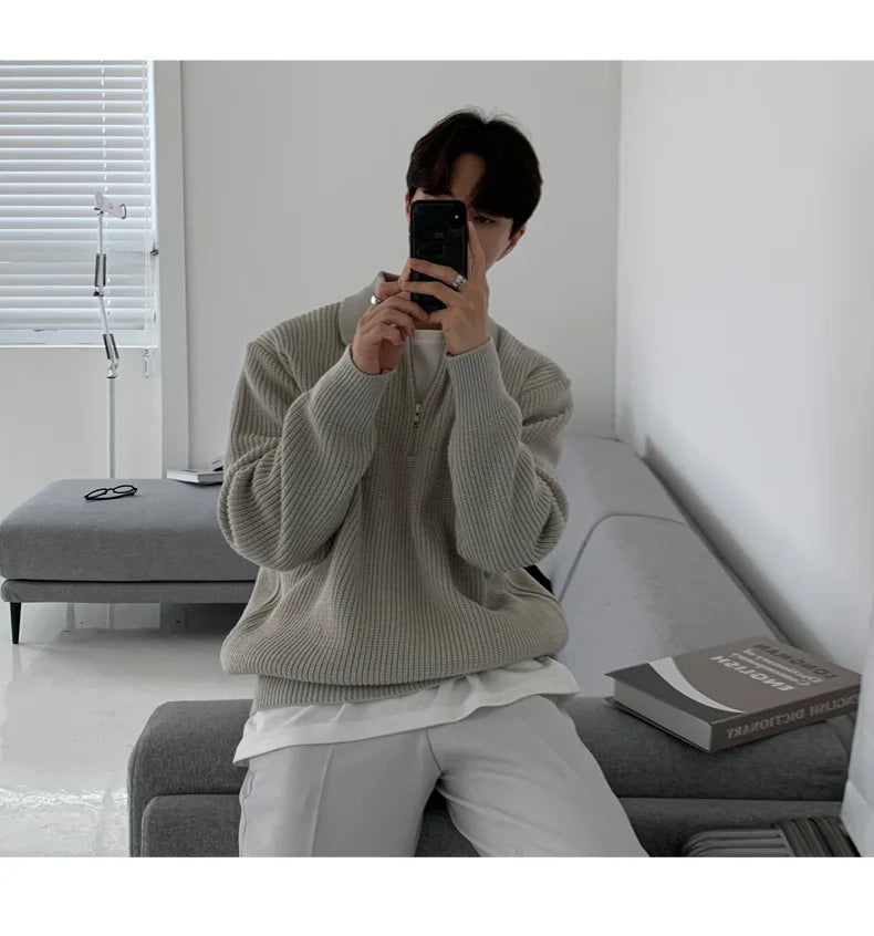 Half Zipper Sweater Men's Autumn and Winter Japanese Retro Korean Lapel Sweater Loose Casual Thread Trend.