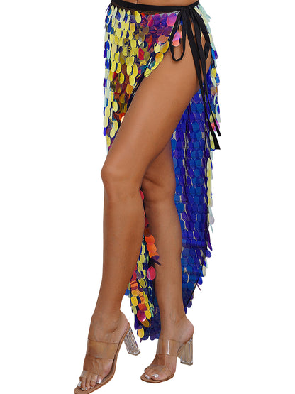 Womens Sequins Dance Skirt Lace-Up Mermaid Hip Scarf Wrap Long Belly Dance Hip Skirt Festival Dance Stage Performance Costumes.