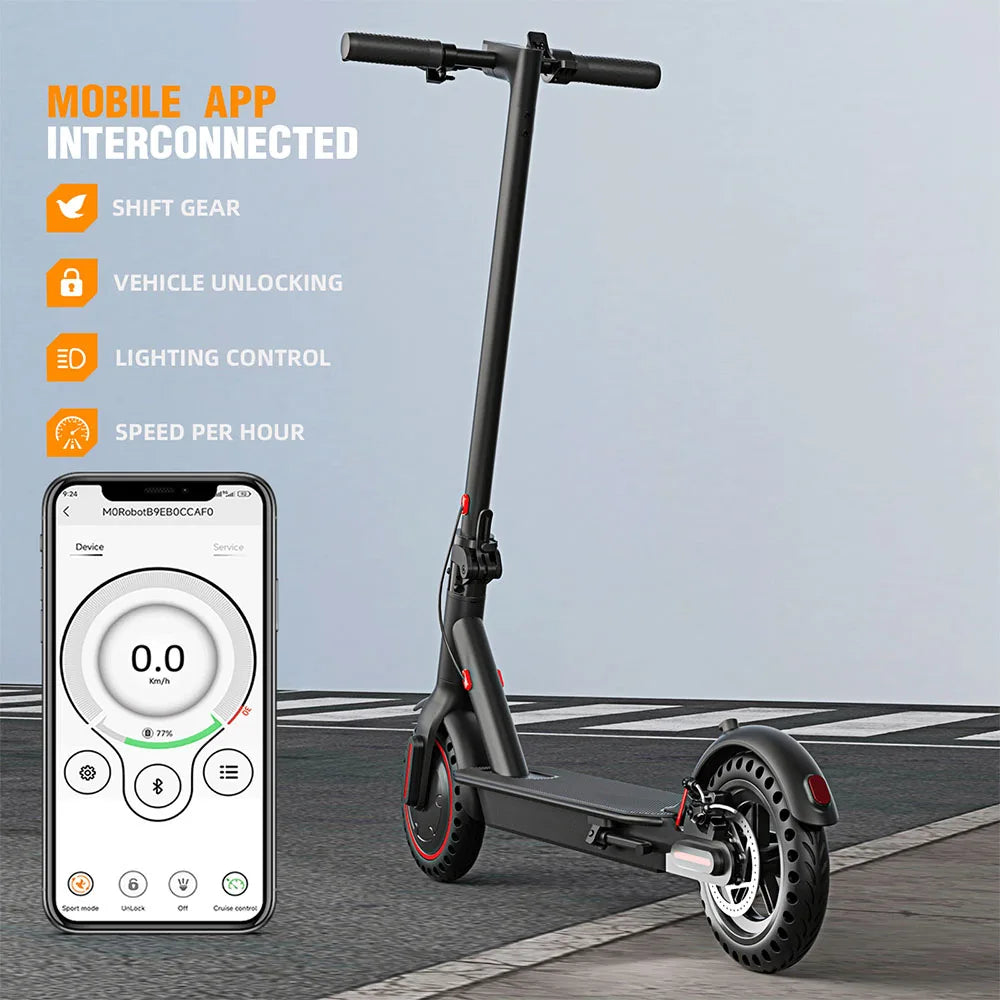 Black 350W Foldable Electric Scooter with Bag for Adults, 30KM Range, APP Support, Foldable Commuter E-scooter.