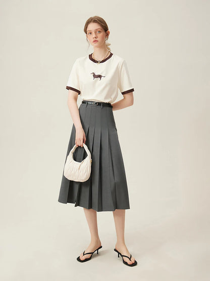 FSLE 2025 New Arrival Women Zipper Waist Office Lady Elegant Grey Skirt Pleated Design Navy Blue Color Long Skirt Daily Outfits.