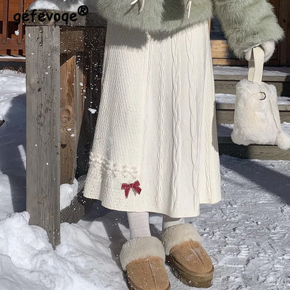 Clothes for Women Autumn Winter Japanese Style Kawaii Sweet Chic Knitted Skirts Female High Waist Solid Loose A-line Midi Skirt.