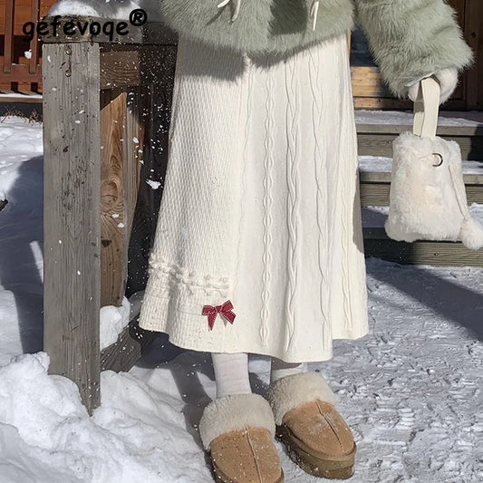 Clothes for Women Autumn Winter Japanese Style Kawaii Sweet Chic Knitted Skirts Female High Waist Solid Loose A-line Midi Skirt.