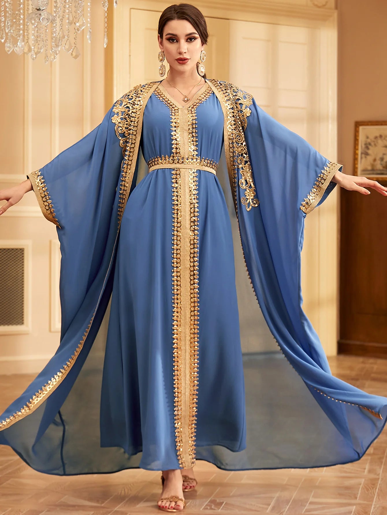 Ramadan Sequins Dubai Abayas Arab Tunics Batwing Sleeve Dresses For Women Gala Two pieces Moroccan Elegant Kebaya.