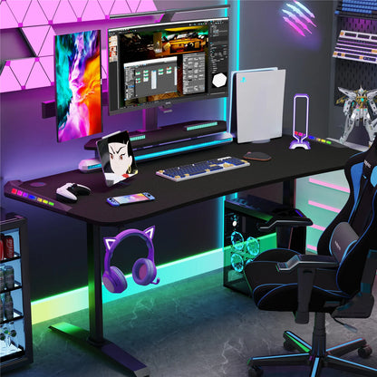 Jumbo-Gaming-Schreibtisch mit Monitor regal, großer PC-Computer tisch mit LED-Beleuchtung, Spieltisch-Gamer-Schreibtisch für Schlafzimmer, Home-Office
