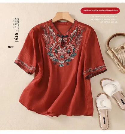 Retro Chinesischen Stil Lose Fit Baumwolle Leinen Kurzarm Shirt frauen Sommer Schwere Stickerei Abnehmen Top Flagge Kleid.