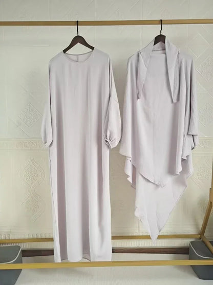 Eid Muslim Women Long Khimar 2 Piece Set Abaya Dress Prayer Garment Hijab Full Cover Islamic Ramadan Kaftan Djellaba 2023