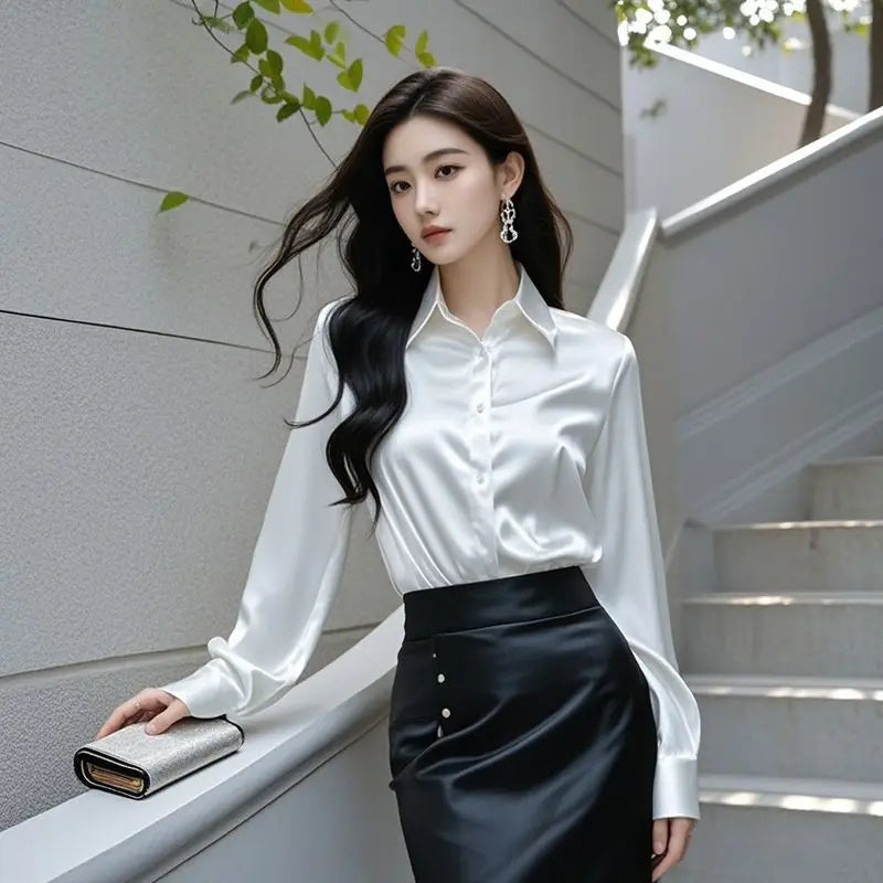 Elegant Silk Office Shirts Women Korean Fashion Y2k Clothes Slim Long Sleeve White Black Blusas Mujer Workwear Tops and Blouses