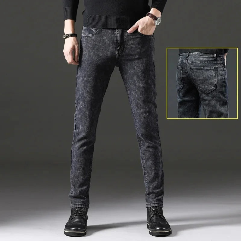 Slim Fit Men's Jeans Casual Elastic Korean Style Autumn Grey Trendy Long Pants Versatile Slim Legged Casual Trousers