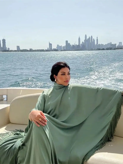 Eid Satin Luxury Green White Black Pink Khimar Tassel Butterfly Batwing Abaya For Women Islam Muslim Maxi Dress Kaftan Kebaya.