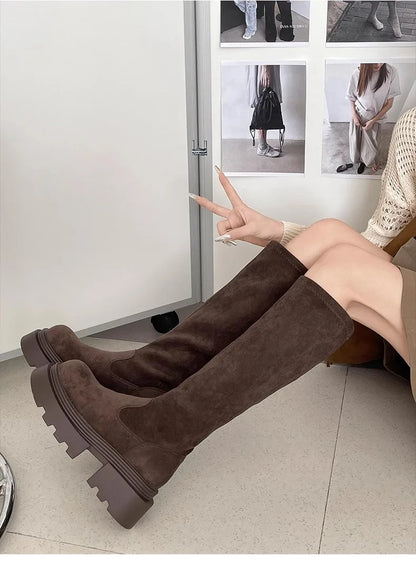 Winter Platform Punk Style Woman Knee High Boot Concise Slip On Elastic Slim Shoes Ladies Thick Bottom Knight Long Booties.